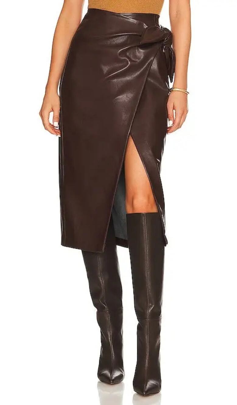 Enza Costa Vegan Leather High Waisted Wrap Midi Skirt Chocolate Brown 0